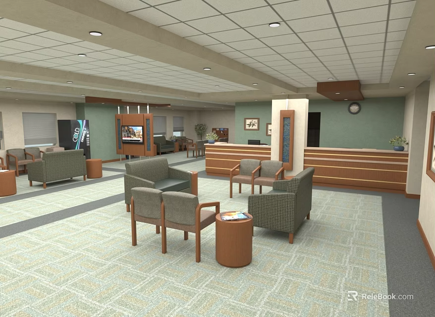 Spacious Hotel Public Lounge Area With Comfortable Sofas Chairs And Wooden Reception Desk 3d model 