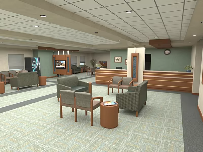 Spacious Hotel Public Lounge Area With Comfortable Sofas Chairs And Wooden Reception Desk 3d model