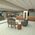 Spacious Hotel Public Lounge Area With Comfortable Sofas Chairs And Wooden Reception Desk