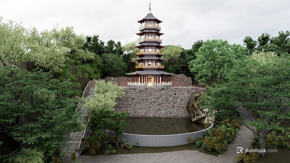 Ancient Traditional Pagoda With Multi Tiered Design Surrounded By Trees Stone Wall And Pond 3d model 