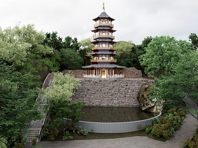 Ancient Traditional Pagoda With Multi Tiered Design Surrounded By Trees Stone Wall And Pond 3d model