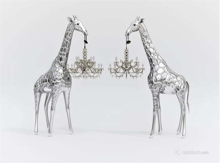 Decorative Chandeliers Suspended From Silver Textured Giraffe Sculptures In Modern Decor Design 3d model 