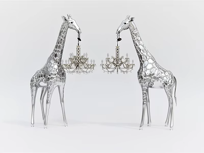Decorative Chandeliers Suspended From Silver Textured Giraffe Sculptures In Modern Decor Design 3d model