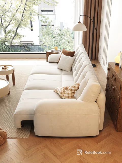 Modern Beige Sectional Sofa With Plush Checkered Pillows And Wooden Side Table 3d model 