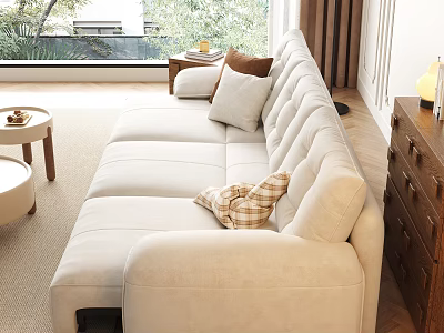 Modern Beige Sectional Sofa With Plush Checkered Pillows And Wooden Side Table 3d model