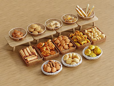 Dessert Shop Display With Assorted Baked Goods In Woven Baskets And Wooden Trays 3d model