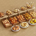 Dessert Shop Display With Assorted Baked Goods In Woven Baskets And Wooden Trays