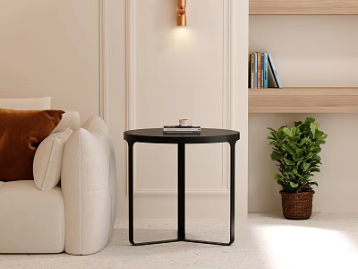 Modern Beige Sofa With Black Round Coffee Table And Brown Cushion Green Plant Wooden Shelf 3d model
