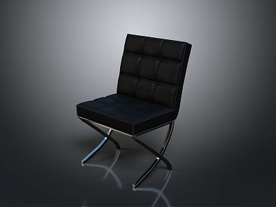 Modern Black Leather Chair With Square Padded Seat Tufted Backrest And Cross Metal Legs 3d model