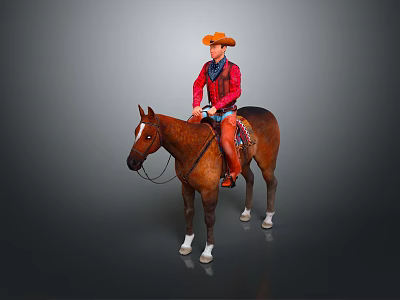 Cowboy In Red Shirt And Orange Hat Riding Brown Horse With Saddle And White Hooves 3d model