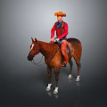 Cowboy In Red Shirt And Orange Hat Riding Brown Horse With Saddle And White Hooves