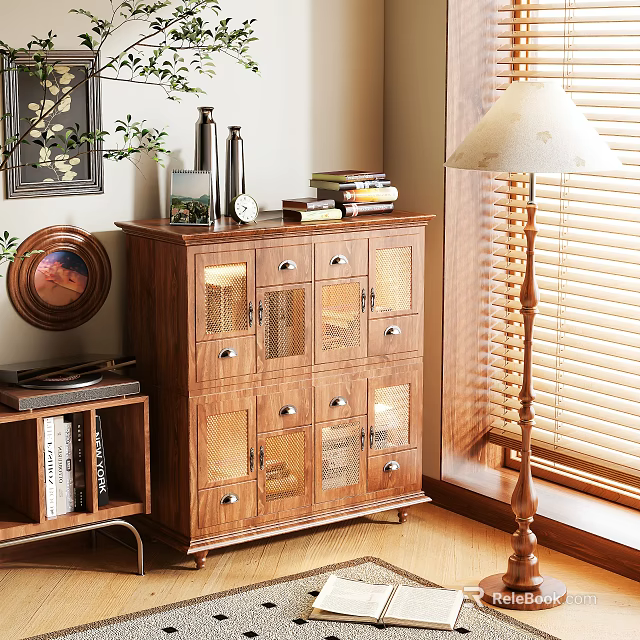 Wooden Console And Side Cabinet With Glass Doors Drawers And Decorative Items Near Window Blinds 3d model 