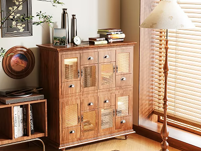 Wooden Console And Side Cabinet With Glass Doors Drawers And Decorative Items Near Window Blinds 3d model