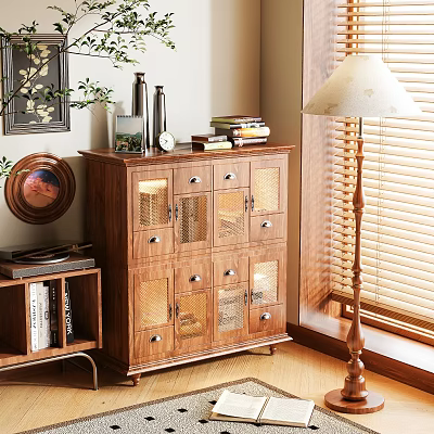 Wooden Console And Side Cabinet With Glass Doors Drawers And Decorative Items Near Window Blinds 3d model