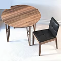 Modern Wooden Dining Table And Chair Set With Round Top And Black Leather Seat