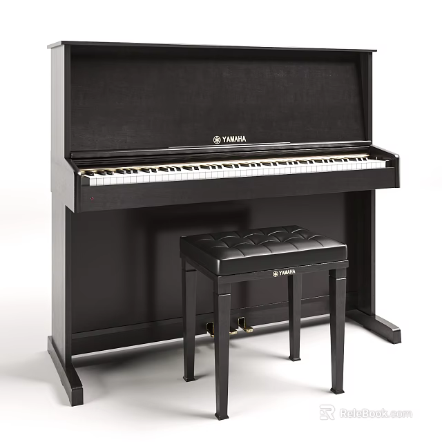 Black Yamaha Upright Piano With Stool And Keyboard For Music Instrument 3d model 