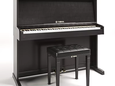 Black Yamaha Upright Piano With Stool And Keyboard For Music Instrument 3d model