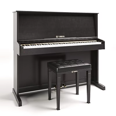 Black Yamaha Upright Piano With Stool And Keyboard For Music Instrument 3d model