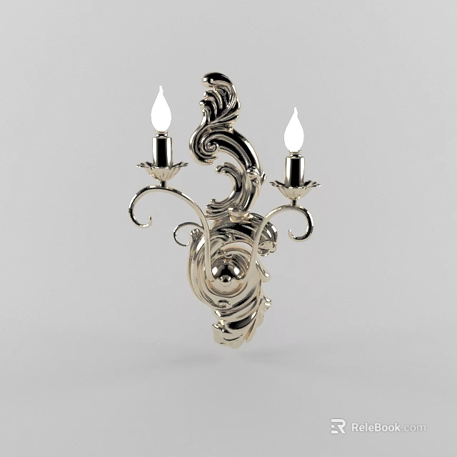 Ornate Silver Wall Sconce With Two Candle Shaped Lights And Scroll Design 3d model 