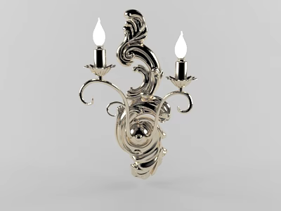 Ornate Silver Wall Sconce With Two Candle Shaped Lights And Scroll Design 3d model