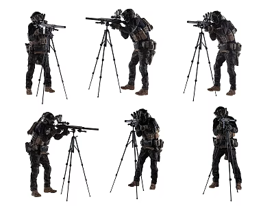 Men In Tactical Gear Using Sniper Rifles On Tripods In Various Positions 3d model