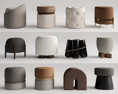 Various Modern Sofa Stools With Different Colors Shapes Upholstered Designs And Wooden Legs 3d model