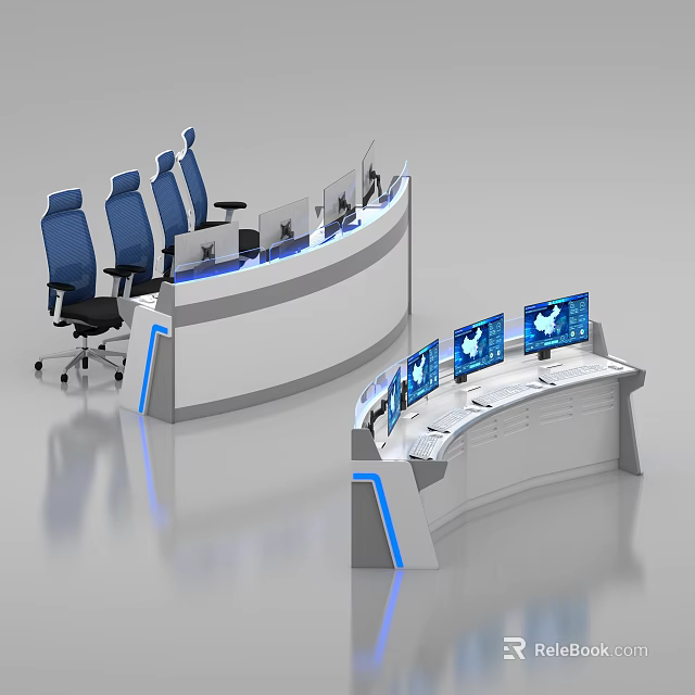Modern Office Workspace With Curved Console Desks White Countertops Blue Chairs And Multiple Monitors 3d model 