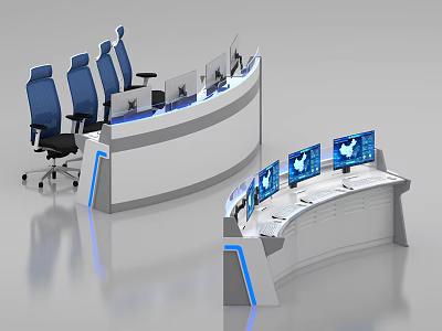 Modern Office Workspace With Curved Console Desks White Countertops Blue Chairs And Multiple Monitors 3d model