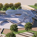 Urban Park Landscape Design With Curved Water Feature Trees And Paved Paths
