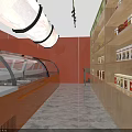 Vibrant Food Shop Interior With Orange Walls Glass Display Case Wooden Shelves And Marble Floor