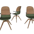 Wooden Backrest and Armrest Office Chair with Green Seat and Three-Legged Base