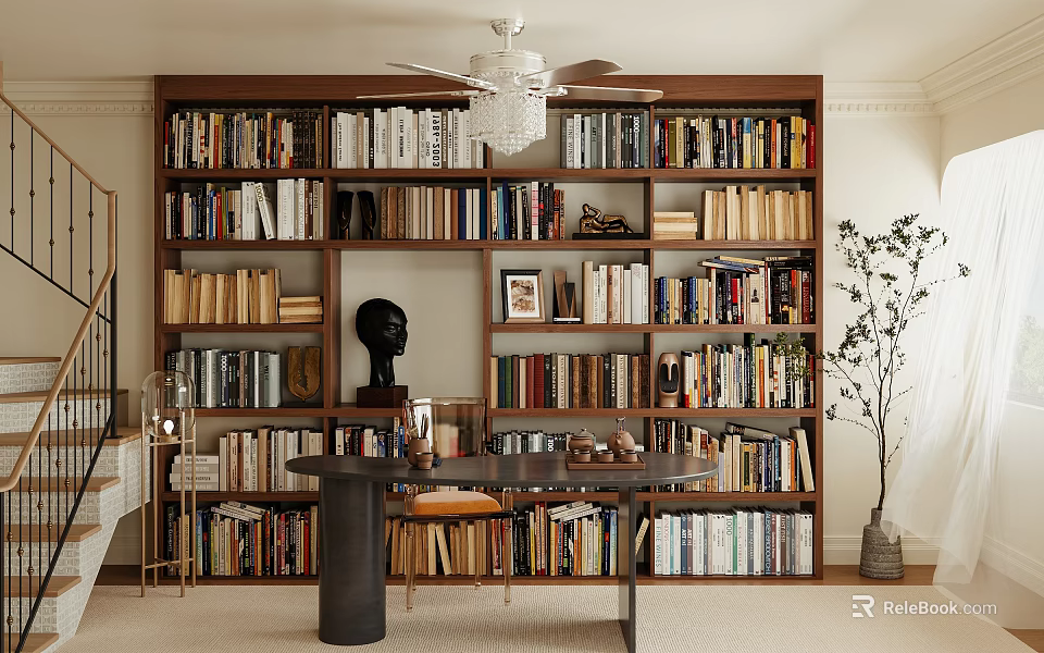 Classic Study Room With Built In Bookshelves Desk And Sculpture 3d model 