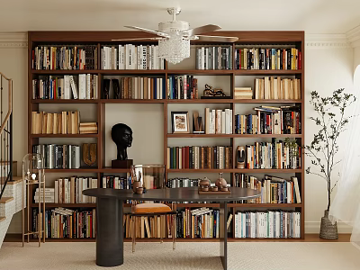 Classic Study Room With Built In Bookshelves Desk And Sculpture 3d model
