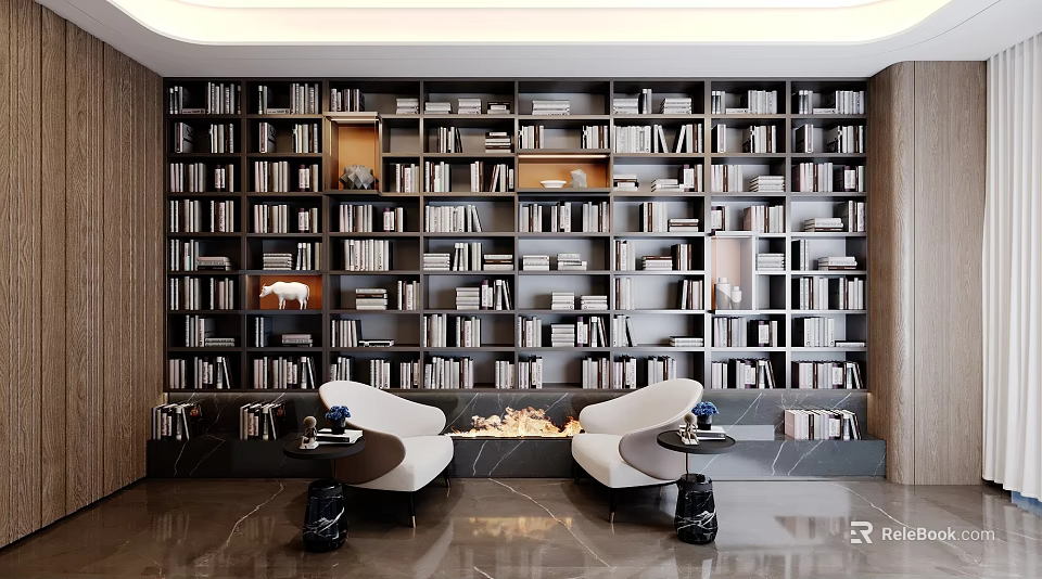 Floor To Ceiling Bookshelf Filled With Books And Cozy Seats In Modern Home Library 3d model 