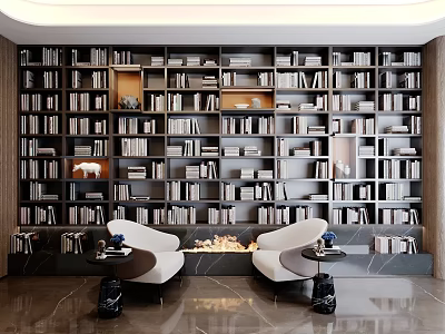 Floor To Ceiling Bookshelf Filled With Books And Cozy Seats In Modern Home Library 3d model