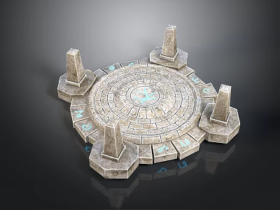 Ancient Circular Stone Platform With Surrounding Stone Pillars And Glowing Blue Runes 3d model