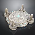 Ancient Circular Stone Platform With Surrounding Stone Pillars And Glowing Blue Runes