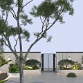 Modern Garden Landscape Design With Lush Foliage Black Metal Gate And Paved Seating Area