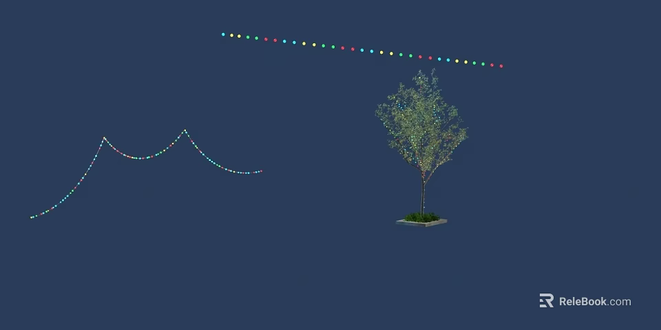 Lush Green Tree With Curved Colorful String Lights On Blue Background 3d model 