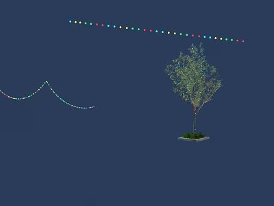 Lush Green Tree With Curved Colorful String Lights On Blue Background 3d model