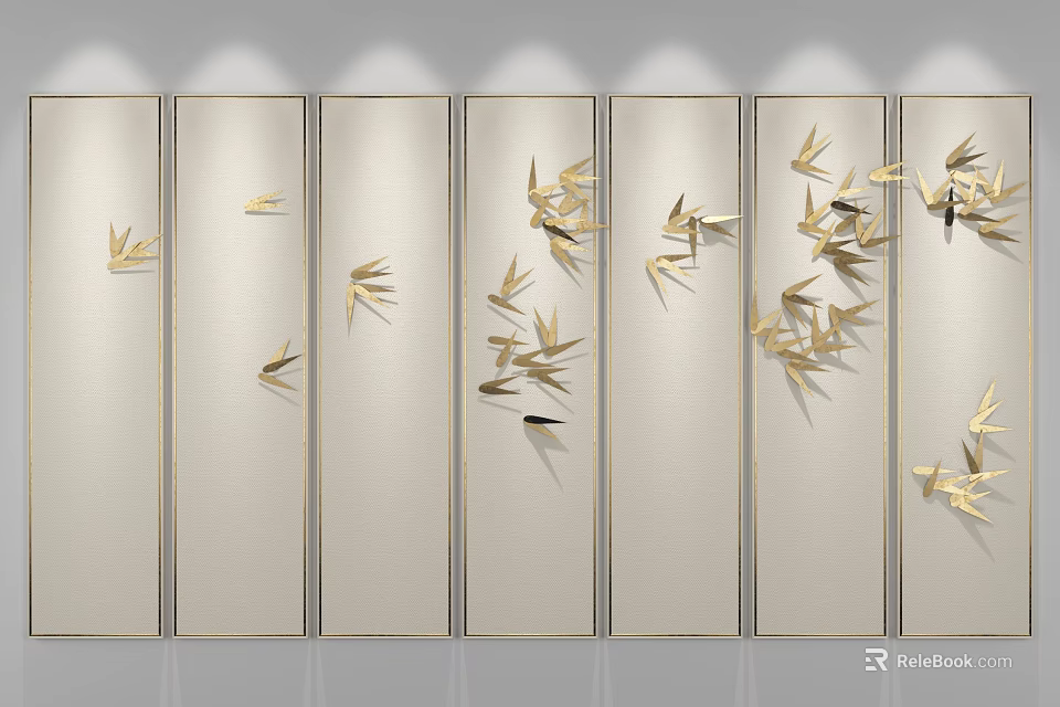 Elegant Modern Wall Decor With Golden Bamboo Leaves On Multiple Panels 3d model