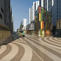 Modern Commercial Street Featuring High Rise Buildings Colorful Facades Green Spaces And Plaza