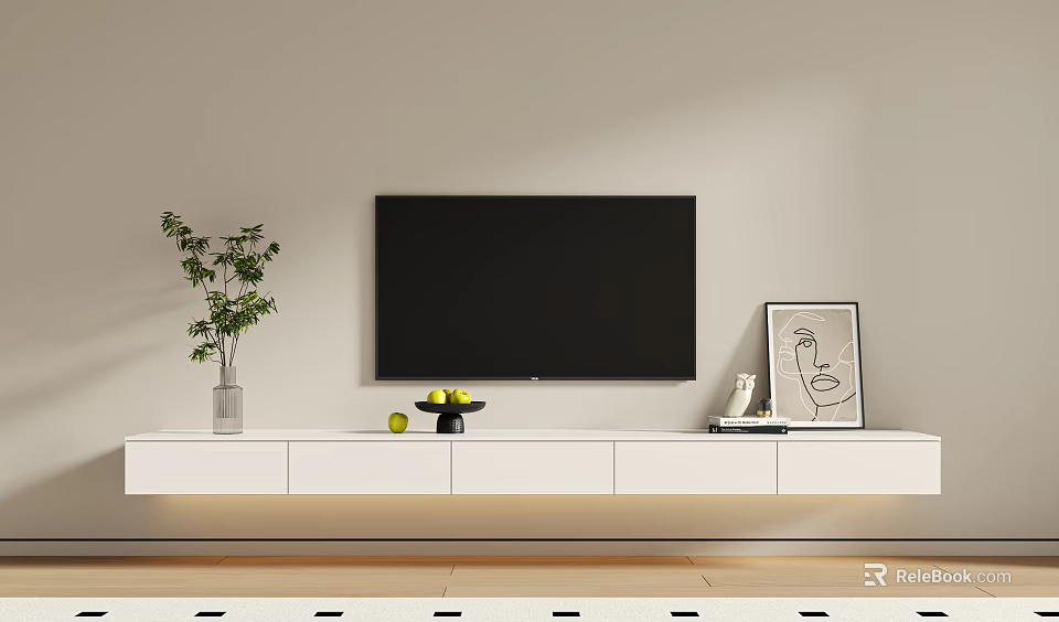 White TV Stand With Black TV Green Plant Fruit Bowl Artwork And Books 3d model 