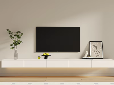 White TV Stand With Black TV Green Plant Fruit Bowl Artwork And Books 3d model