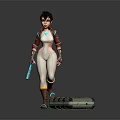 Female Character In White Bodysuit With Brown Red Coat Holding Blue Gun And Green Creature