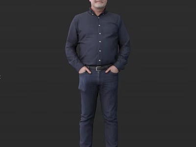 A Man In Dark Shirt And Jeans With Hands In Pockets Standing Against Dark Background 3d model