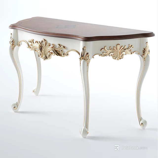 European Style Carved Desk With Dark Wooden Top White Legs And Gold Accents 3d model 