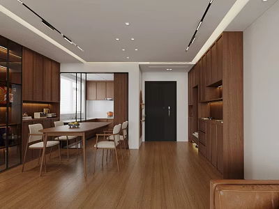 Warm Modern Open Dining and Living Room With Custom Wood Cabinets and Cozy Dining Set 3d model