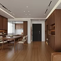 Warm Modern Open Dining and Living Room With Custom Wood Cabinets and Cozy Dining Set