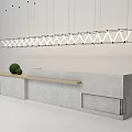 Modern Style Reception Desk With Wooden Countertop White Pendant Lights And Green Spherical Decorations